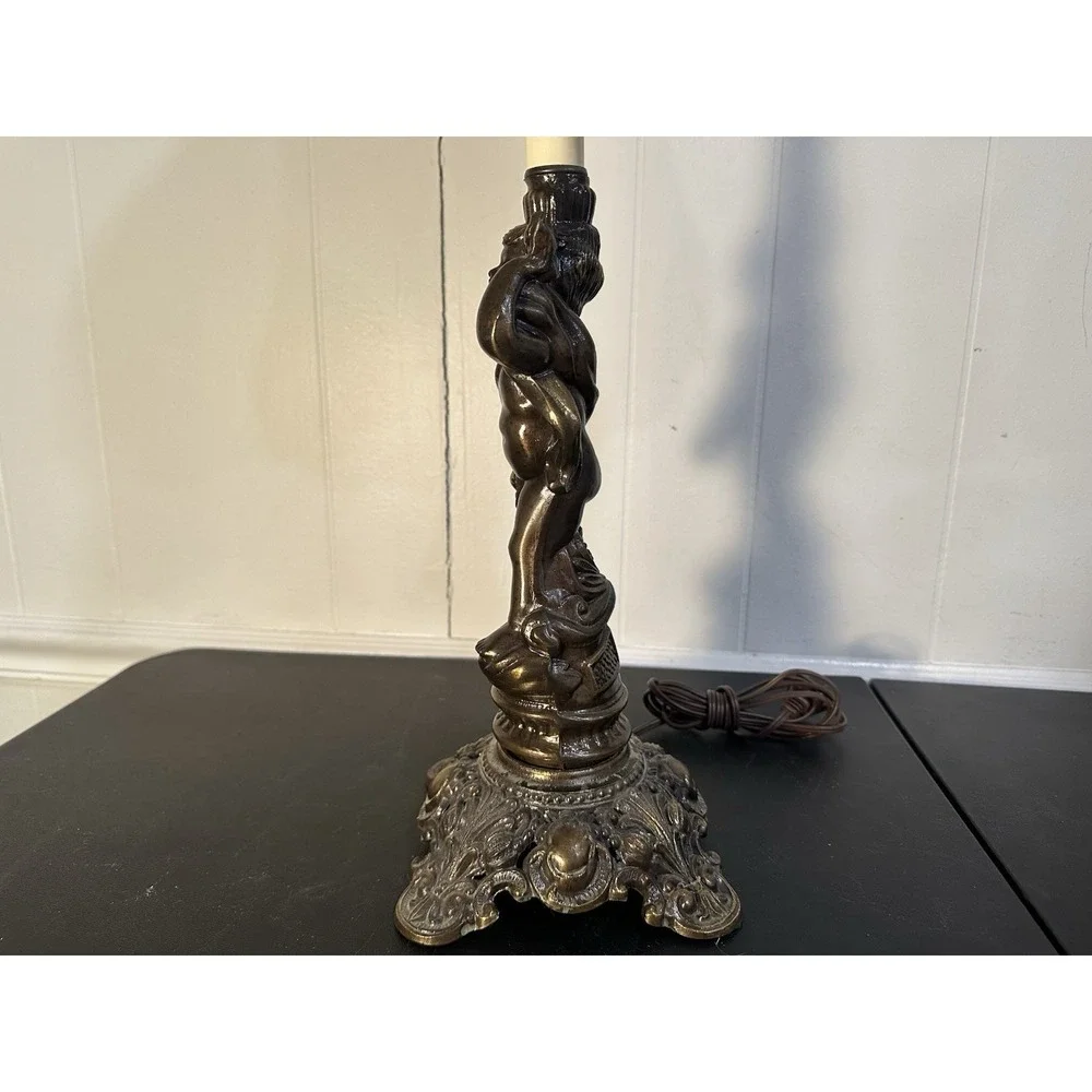 VTG Cast Metal Cherub Table Lamp Art Deco Style Wescal Hardware Fringe Shade 28